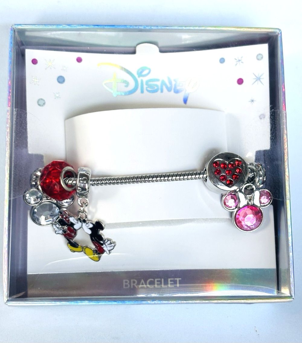 Disney Mickey & Minnie Mouse Charm Bracelet silver tone with rhinestones